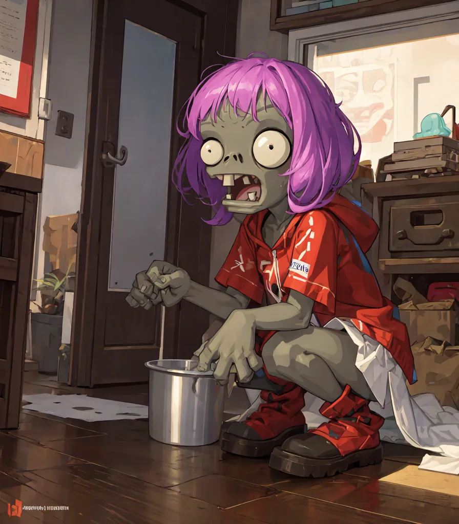 A imagem mostra uma garota zumbi com cabelo roxo usando um capuz vermelho e botas marrons. Ela está agachada em uma sala com piso de madeira. A sala está bagunçada, com caixas e outros objetos espalhados. A garota zumbi está segurando uma panela com a mão direita e parece estar olhando algo dentro da panela. Ela tem uma expressão surpresa no rosto.