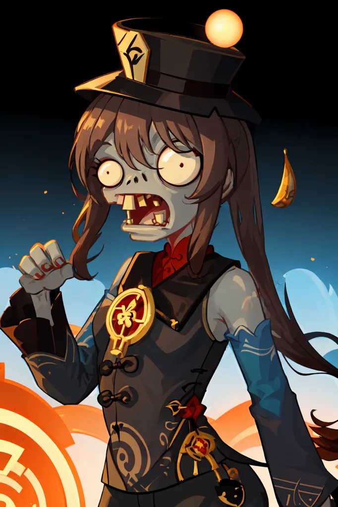 The image is a drawing of a zombiefied version of the character Hu Tao from the game Genshin Impact. She is wearing a black hat with a yellow tassel and a black and red outfit. Her skin is pale and her eyes are wide and unfocused. Her mouth is open and her teeth are bared. There is a banana floating near her head. The background is a dark orange color.