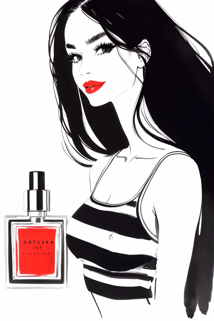 The image is a fashion illustration of a woman wearing a black and white striped tank top. She has long black hair, red lips, and a smoky eye. She is looking at the camera with a serious expression. There is a bottle of perfume on the left side in front of her. The bottle is made of glass and has a silver cap. The bottle is labeled \