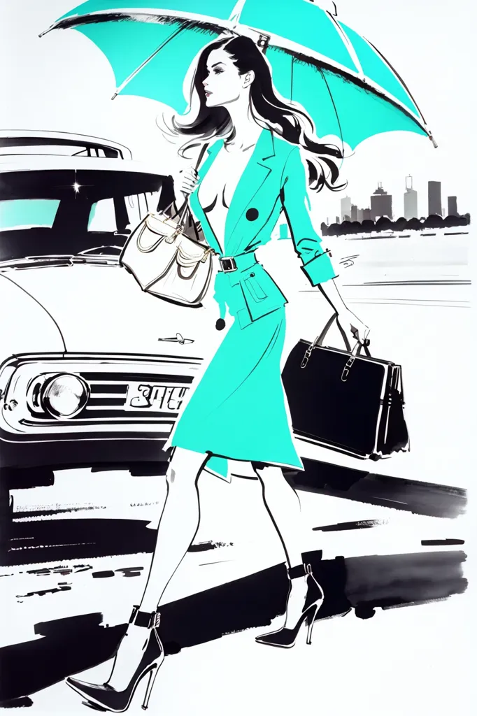 The image is of a woman walking in the rain. She is wearing a fitted blue suit and black high heels. She is carrying a large black handbag and a turquoise umbrella. The background is a cityscape. The woman is walking in front of a building with a large glass window. There are cars parked on the street. The image is drawn in a realistic style. The colors are vibrant and the lines are smooth.