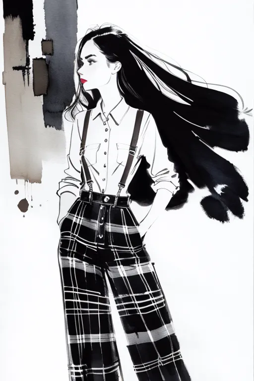 The image is a fashion illustration of a woman wearing a white button-down shirt, black suspenders, and black-and-white plaid pants. She has long black hair, red lips, and a neutral expression on her face. She is standing with her hands in her pockets and is looking to the left of the frame. The background is white with some gray and black abstract shapes in the upper left corner.