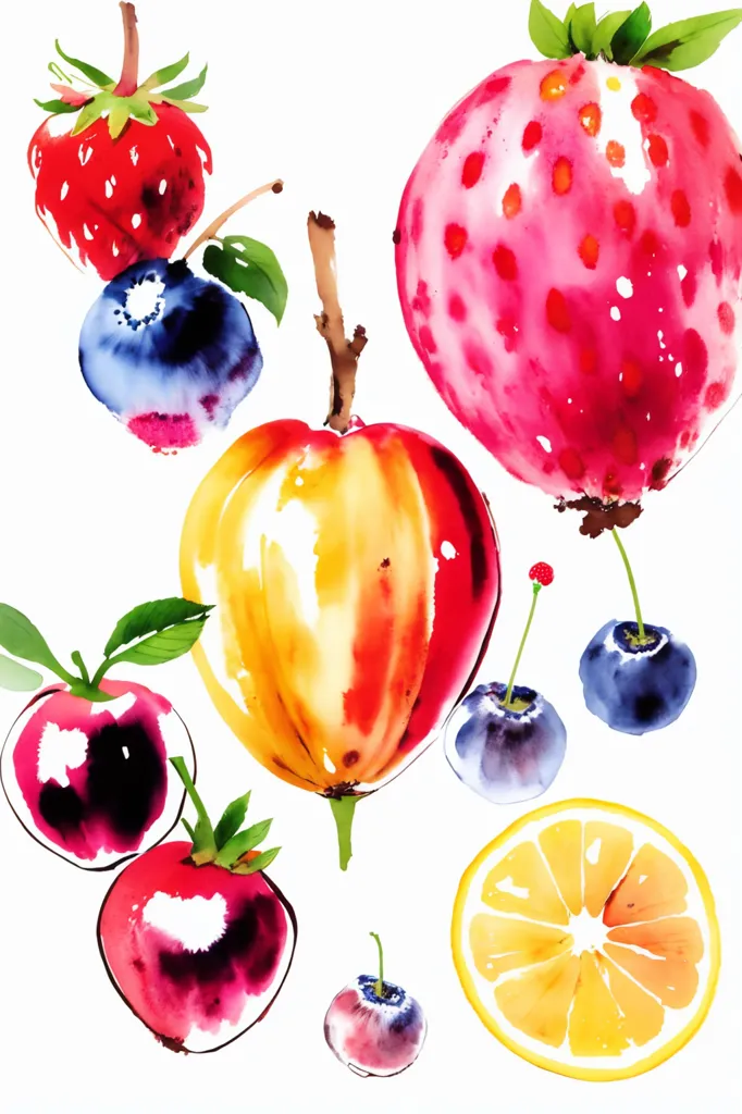 The image shows a variety of fruits painted in a watercolor style. There are strawberries, blueberries, gooseberries, and a lemon. The fruits are all arranged in a random order and are painted in bright, vibrant colors. The background is white, which makes the fruits stand out. The painting has a very fresh and summery feel to it.