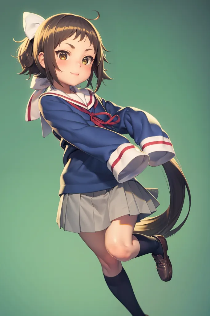 The image shows an anime girl with brown hair and brown eyes. She is wearing a blue and white sailor fuku with a red ribbon. She is also wearing a gray skirt and brown shoes. She is standing on one leg with a smile on her face.