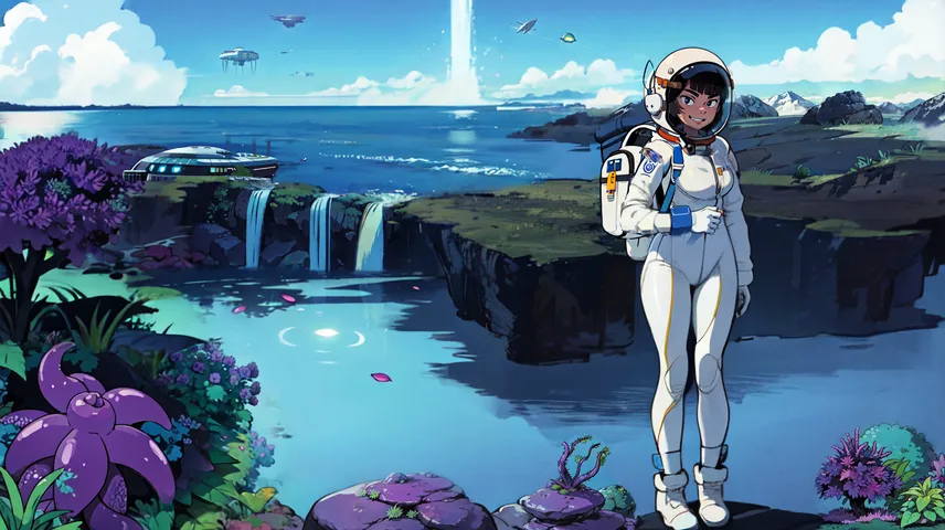 This is an image of an anime girl in a spacesuit standing on a cliff overlooking a body of water. There is a waterfall in the background and a structure on the other side of the water. The girl is wearing a white spacesuit with a blue backpack and has brown hair and brown eyes. She is looking out at the view with her hands on her hips.