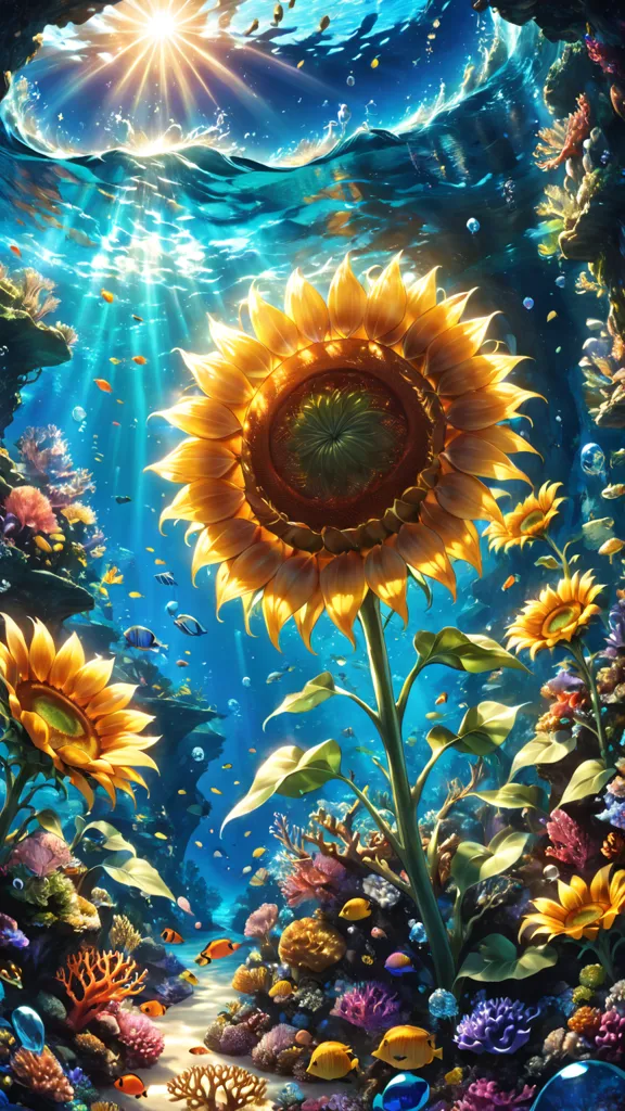 This is an image of a sunflower field underwater. The sunflowers are in full bloom, and their petals are a bright yellow. The leaves of the sunflowers are a deep green, and they are covered in small bubbles. The water is a clear blue, and it is filled with sunlight. There are many fish swimming around the sunflowers. The fish are of all different colors, and they are all very beautiful. The coral on the rocks is bright and colorful. The scene is peaceful and serene, and it is a reminder of the beauty of nature.