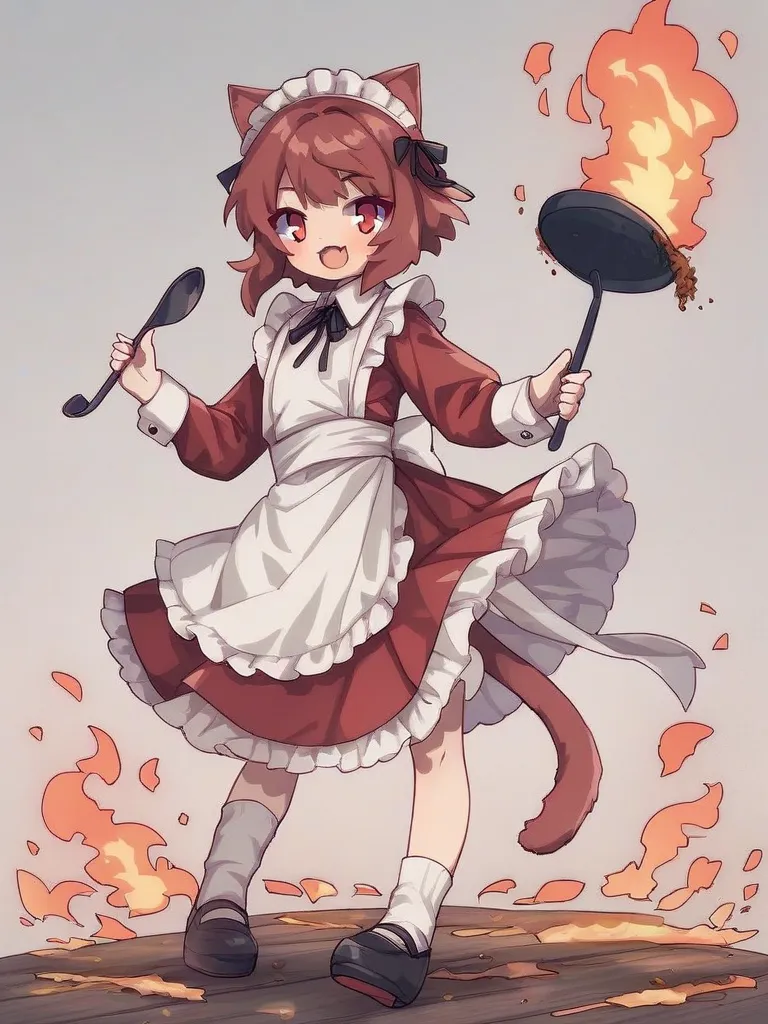 The picture shows a young girl with cat ears and a tail, she is wearing a French maid outfit. She is holding a frying pan and a spoon, and there is food on the frying pan. The background is white and there are some red and orange splashes. The girl has a happy expression on her face, and she seems to be enjoying cooking.