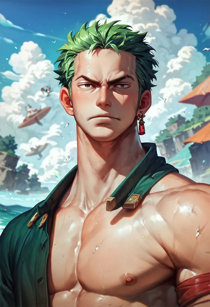 The image shows a man with green hair and a muscular build. He is wearing a green shirt that is open at the chest, showing off his toned muscles. He has a serious expression on his face and is looking at the viewer with his piercing green eyes. He is standing in a tropical setting, with the ocean and a palm tree in the background.