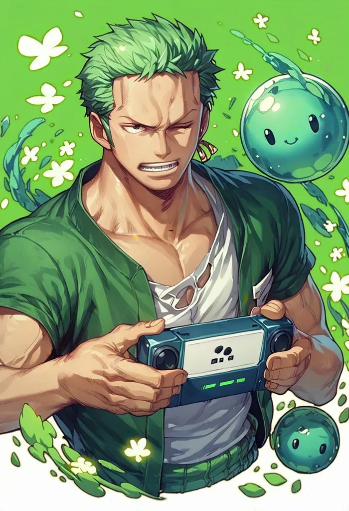 The image shows a man with green hair and green eyes. He is wearing a green shirt and has a determined expression on his face. He is holding a video game controller and there are several small, green creatures around him. The background is white with green flowers and leaves.