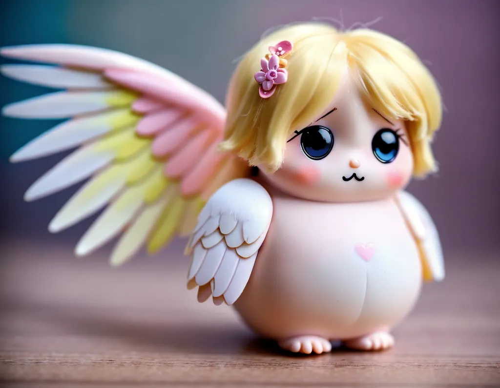 The image shows a small, chubby doll with angel wings. The doll has short blonde hair with a pink flower in it. It has big, blue eyes and a pink blush on its cheeks. It is wearing a white and pink outfit with a heart on the front. The doll is sitting on a wooden table.