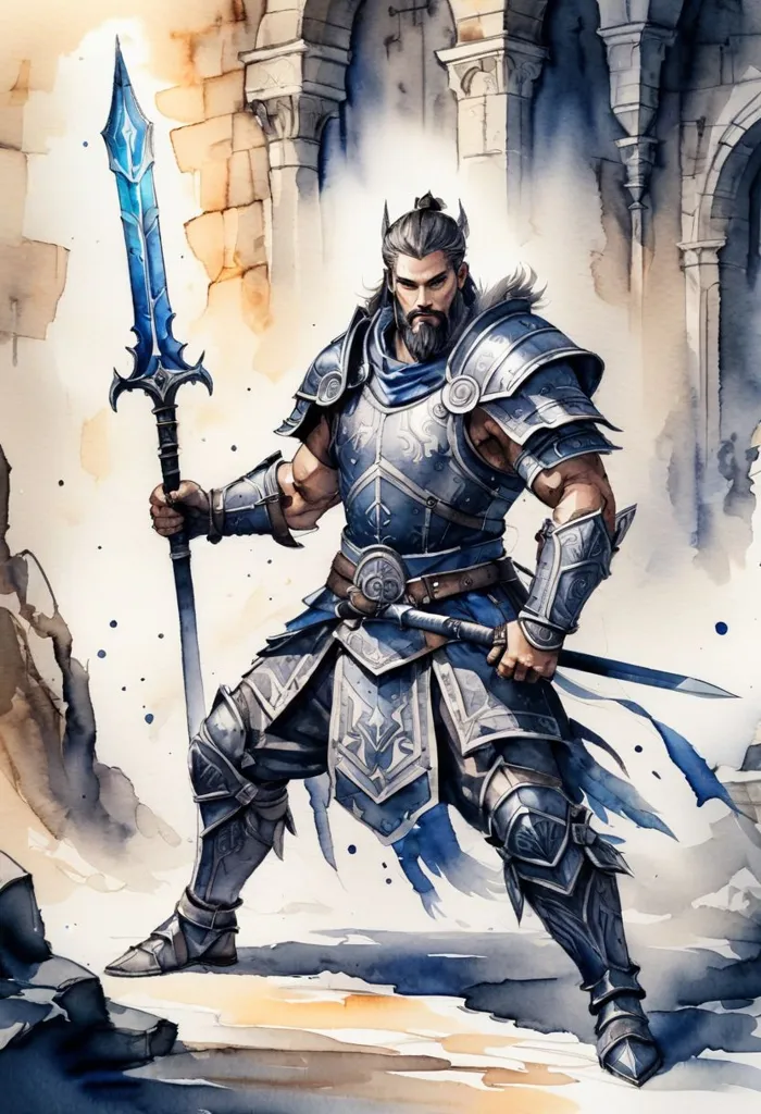 This is an image of a man in armor. He is holding a sword and a shield. He is standing in front of a stone building. The man is wearing a helmet with a long plume. He has a beard and a mustache. His hair is long and flowing. The man is looks like a warrior. He is ready to fight.