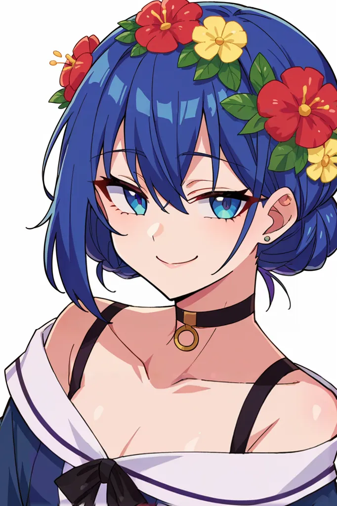 A girl with blue hair and red eyes is smiling. She is wearing a white shirt with a black choker and has flowers in her hair. The background is white.