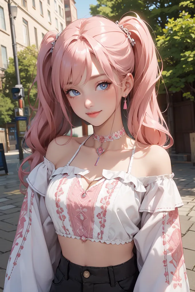 The image shows a beautiful anime girl with pink hair and blue eyes. She is wearing a white off-the-shoulder blouse with pink floral designs and black shorts. She is also wearing a necklace with a pink pendant. Her hair is done up in two ponytails and she has a small smile on her face. She looks to be in her late teens or early twenties and is standing in what appears to be a city street with buildings and trees in the background.