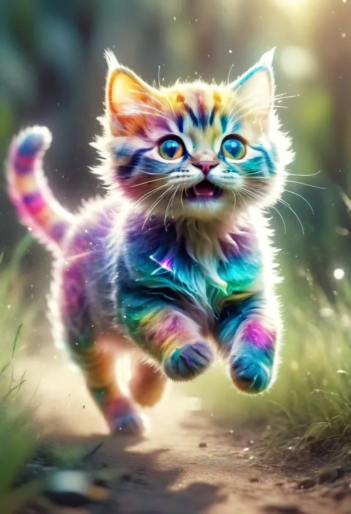 A multi-colored cat with blue eyes is running through a field of green grass. The cat's fur is a rainbow of colors, including red, orange, yellow, green, blue, and purple. The cat is running with its mouth open and its tail is sticking straight up in the air. The cat is surrounded by a soft glow of light.