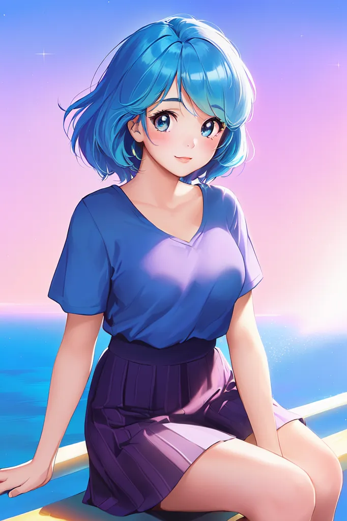 The image is a digital painting of a young woman with blue hair and eyes. She is wearing a blue shirt and a purple skirt. She is sitting on a railing with the ocean behind her. The sun is setting and the sky is a gradient of orange and pink. The water is a deep blue and there are white waves crashing against the shore. The woman is smiling and has a peaceful expression on her face. She is wearing a necklace with a blue pendant. Her hair is short and styled in a bob with bangs. She is sitting with her legs crossed and her hands resting on the railing. The painting is done in a realistic style and the colors are vibrant and saturated.