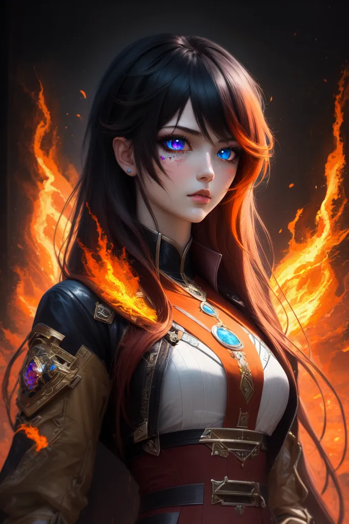 This is an image of a young woman with long black and orange hair. She is wearing a white and red outfit with a brown jacket. She has blue eyes and purple eyeshadow. There are flames surrounding her. She is looking at the viewer with a serious expression.