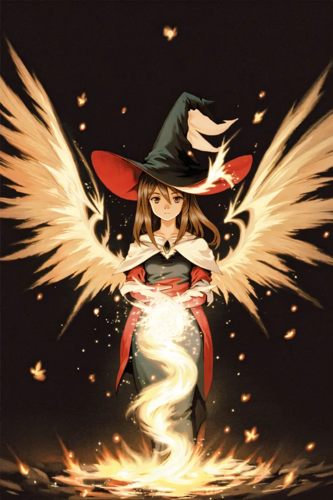 The image is of a young woman wearing a witch's hat and a red and white dress. She has long brown hair and brown eyes. She is standing in front of a dark background, with a fire burning at her feet. She is holding a small ball of fire in her hands. She has a serious expression on her face. She is wearing a red and white hat with a white band around it. The hat has a brim that is turned up at the sides. She is also wearing a red and white dress. The dress has a long skirt and a fitted bodice. The bodice is decorated with white trim. The skirt is full and flared. She is barefoot. Her feet are bare. She is standing in front of a dark background. The background is dark and shadowy. There is a fire burning at her feet. The fire is small and contained. She is holding a small ball of fire in her hands. The ball of fire is yellow and orange. It is about the size of her head. She is holding it in her cupped hands. She has a serious expression on her face. She is looking at the ball of fire.
