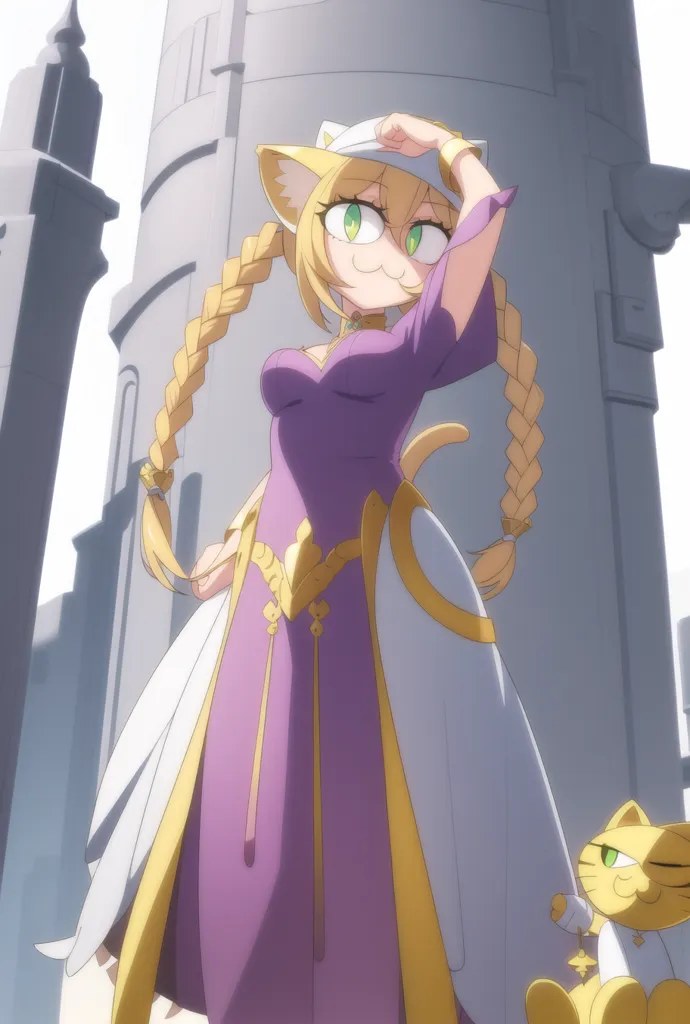 The image is an anime-style drawing of a catgirl standing in front of a tall tower. The catgirl is wearing a purple and white dress with a yellow belt and has long blonde hair and green eyes. She is also wearing a white hat with a yellow band. The catgirl is smiling and has her right hand raised to her head. There is a small cat-like creature standing on her shoulder. The background is a grey stone wall with two large pillars.