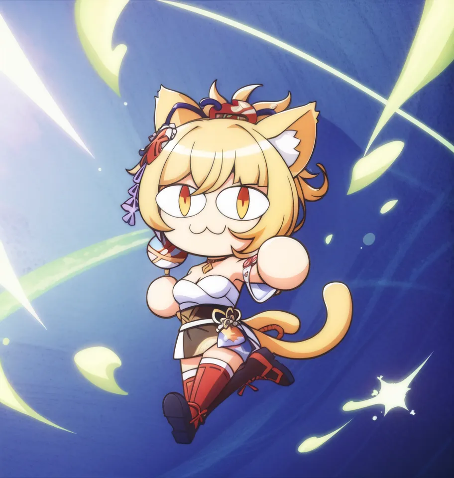 The image is of a chibi version of Yoimiya, a character from the video game Genshin Impact. She is depicted with her signature red and white outfit, cat ears, and a happy expression on her face. She is holding a firework in each hand, and is surrounded by a number of colorful fireworks. The background is a light blue color, with a number of light yellow and green lines radiating out from Yoimiya.
