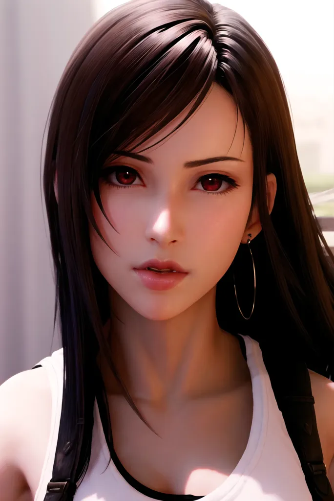 The image shows a young woman with long, dark brown hair and red eyes. She is wearing a white tank top and has a serious expression on her face. The background is blurry and light colored. The woman's hair is parted in the middle and she has a few loose strands framing her face. Her eyes are almond-shaped and her eyelashes are long and dark. Her nose is small and her lips are full. She is wearing a silver hoop earring in her left ear. The woman's skin is smooth and flawless. She is looking at the viewer with a slightly raised eyebrow.
