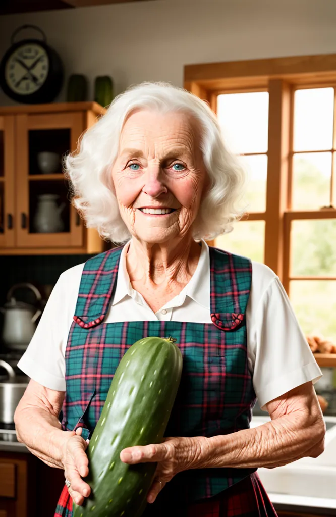 Una mujer mayor está de pie en una cocina. Lleva una blusa blanca y un delantal a cuadros rojos y verdes. Su cabello blanco es corto y peinado en una onda ordenada. Tiene una sonrisa cálida en su rostro mientras sostiene un pepino verde grande en sus manos. El fondo de la cocina está borroso, pero parece que hay armarios y una ventana detrás de ella.