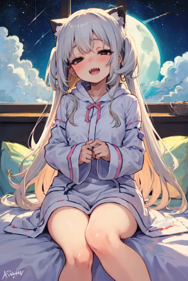 The image is of a young girl with long white hair and cat ears. She is wearing a white hoodie dress with a pink ribbon at the neck. She is sitting on a bed with her legs crossed and her hands clasped in front of her. She has a shy smile on her face and her eyes are closed. There is a window behind her with a view of the night sky. The moon is full and there are stars and clouds in the sky.
