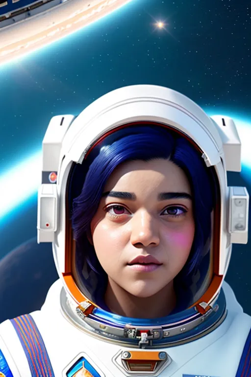 Esta es una imagen de una niña joven con un traje espacial y su casco puesto. Tiene el cabello corto de color azul y ojos marrones. El traje espacial es blanco con detalles azules y naranjas. Está de pie frente a un fondo azul y blanco con un planeta a lo lejos.