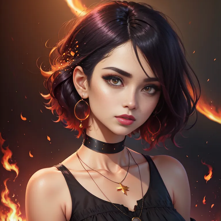 The image is a portrait of a young woman with short dark hair. She has brown eyes and is wearing a black choker with a gold pendant. She is also wearing a black tank top. The background is a dark orange with flames. The woman's expression is serious and intense. She is looking at the viewer with her head tilted slightly to the right. Her hair is blowing in the wind and her eyes are slightly narrowed. The overall effect of the image is one of mystery and intrigue. It is unclear what the woman is thinking or feeling, but it is clear that she is a force to be reckoned with.
