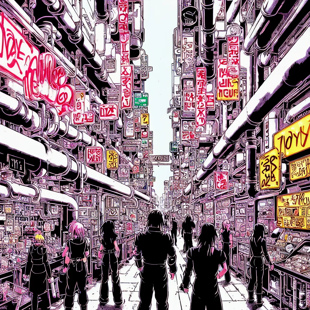 The image is a busy street in a cyberpunk city. The street is lined with tall buildings, many of which are covered in graffiti and advertisements. There are people walking on the street, all of whom are wearing dark clothes. The sky is dark and there is a hint of rain in the air. The image is full of detail and captures the feeling of a bustling city.