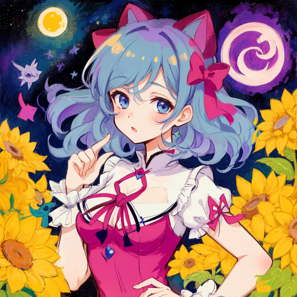 The image is a painting of a young girl with blue hair and cat ears. She is wearing a pink and white dress with a large red bow in her hair and has a curious expression on her face as she points to her right. She is standing in a field of sunflowers, with a crescent moon in the background. The painting is done in a soft, anime style and the colors are vibra