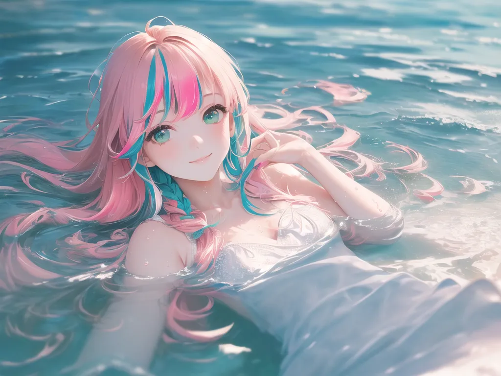 The image is a digital painting of a young woman with pink and blue hair. She is wearing a white dress and is floating in water. The water is clear and blue-green, and the sun is shining brightly. The woman is smiling and has her eyes closed. She is wearing a white dress with a sweetheart neckline and thin straps. Her hair is long and flowing, and she is wearing a pink and blue headband. The woman is surrounded by small, white flowers. The painting is done in a realistic style, and the colors are vibrant and lifelike. The image is peaceful and serene, and it captures the beauty of a summer day.