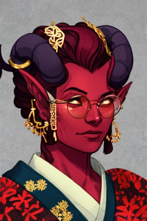 This image shows a portrait of a red-skinned tiefling woman. She has mid-length dark red hair styled in a bun with golden hair accessories. She is wearing round red glasses, gold earrings, and a dark red kimono with intricate golden floral patterns.