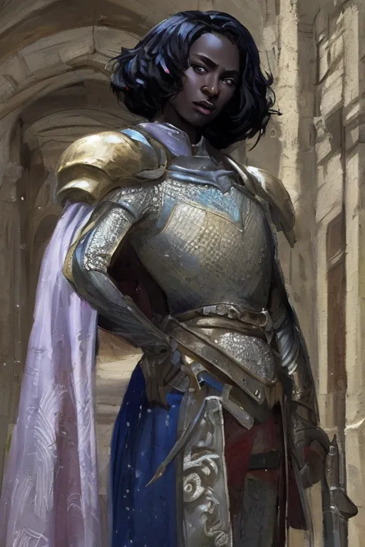 The image shows a black woman in her early 20s with short black hair and brown eyes. She is wearing a suit of armor that is mostly silver with gold trim, a blue sash, and a white cape. She is also wearing a sword on her left hip. She has a determined expression on her face, and it is clear that she is a skilled warrior.