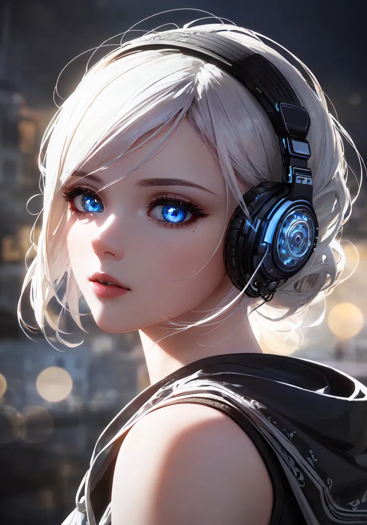 The image is a painting of a young woman with short white hair and blue eyes. She is wearing a black and white outfit and has a pair of headphones on. The background is blurred and consists of blue and purple lights. The woman is looking at the viewer with a serious expression.