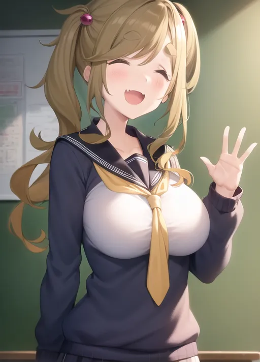 Gambar ini menggambarkan seorang gadis anime dengan rambut pirang panjang dan mata hijau. Dia mengenakan blus putih, dasi kuning, dan rok abu-abu. Dia memiliki ekspresi bahagia di wajahnya dan melambai dengan satu tangan. Latar belakangnya adalah warna hijau yang buram.