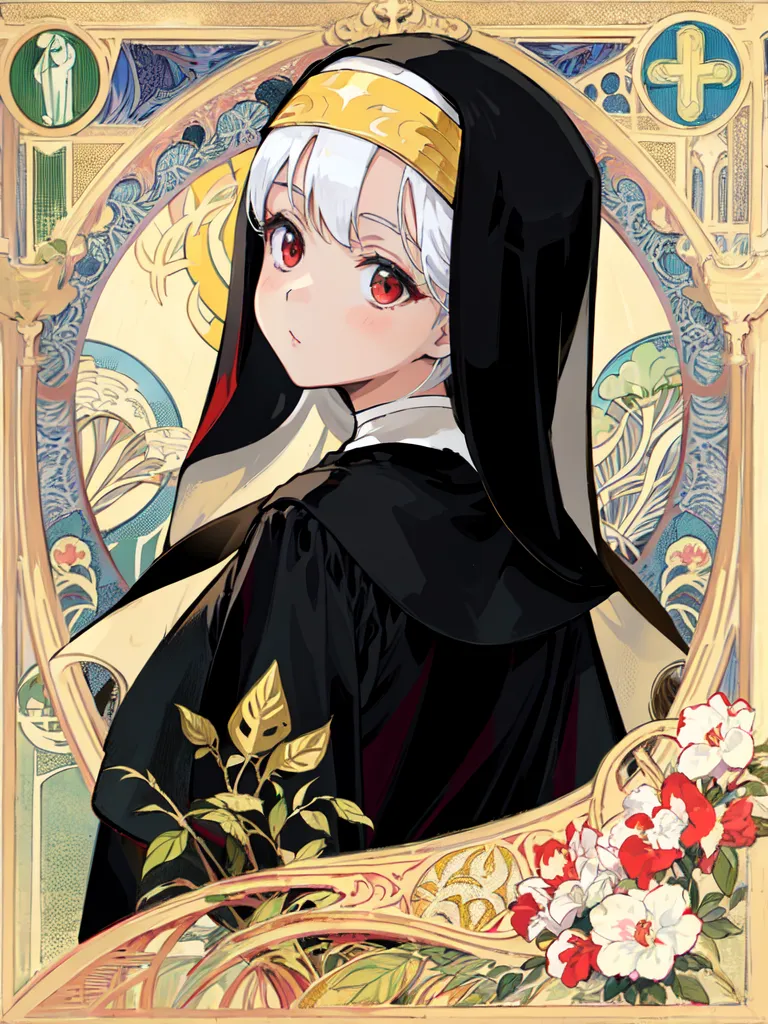 The image is a portrait of a young woman dressed as a nun. She has short white hair and red eyes, and is wearing a black habit with a white veil. The habit is trimmed with gold, and there is a gold cross on her chest. She is standing in front of a stained glass window, and there are flowers on either side of her. The image has a soft, ethereal feel to it, and the woman's expression is one of peace and serenity.