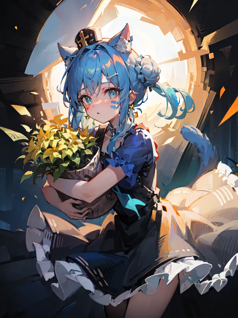 This is an image of a young catgirl with blue hair and eyes. She is wearing a blue and white dress with a white apron. She is holding a pot of sunflowers. The background is a dark room with a round window.