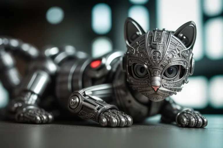 The image is a 3D rendering of a steampunk cat. The cat is made of metal and has a silver finish. It is crouched on the ground and has its tail curled around its feet. The cat's eyes are red and it has a small red light on its chest. The background of the image is a blurred cityscape.