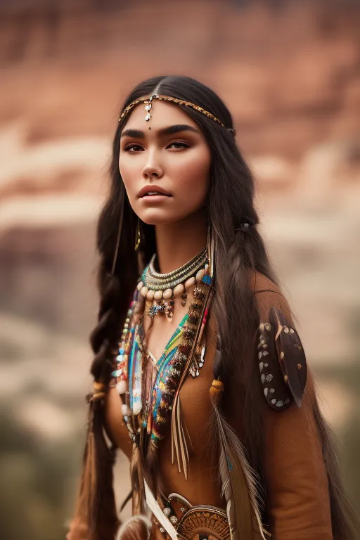 This image shows a Native American woman, probably in her early 20s, with long, dark hair, wearing a buckskin dress with intricate beadwork and a feather headdress. She is standing in a rugged outdoor setting, possibly a desert, and looks directly at the viewer with a confident, slightly defiant expression. Her face is painted with traditional Native American designs, and she is wearing a variety of jewelry, including a necklace, earrings, and a bracelet. The image is a beautiful and evocative portrait of a Native American woman in traditional dress.