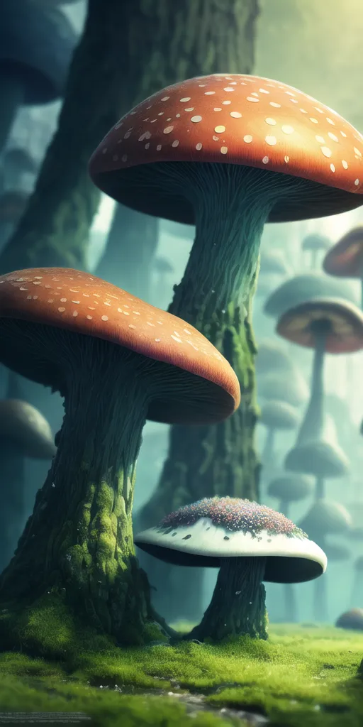 The image is a photo of a group of mushrooms in a forest. The mushrooms are of various sizes and colors. The largest mushroom is in the center of the image and has a red cap with white spots. The other mushrooms have caps that are orange, yellow, and brown. The mushrooms are growing in a bed of moss and surrounded by tall grass. The background of the image is a blur of green trees. The image is taken from a low angle, which makes the mushrooms look even more majestic.