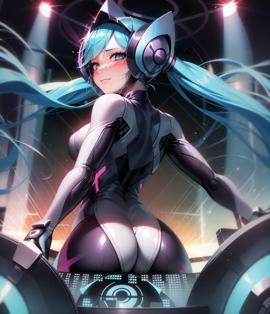 The image is of a female character with long, blue hair and cat ears. She is wearing a white and black bodysuit with a large V-neckline. The bodysuit has a high collar and long sleeves. She is also wearing a pair of headphones that are covering her ears. The character is sitting on a motorcycle and is looking back at the viewer with a slight smile on her face. She has a confident expression on her face and seems to be enjoying herself. The background of the image is a blur of bright lights and colors.