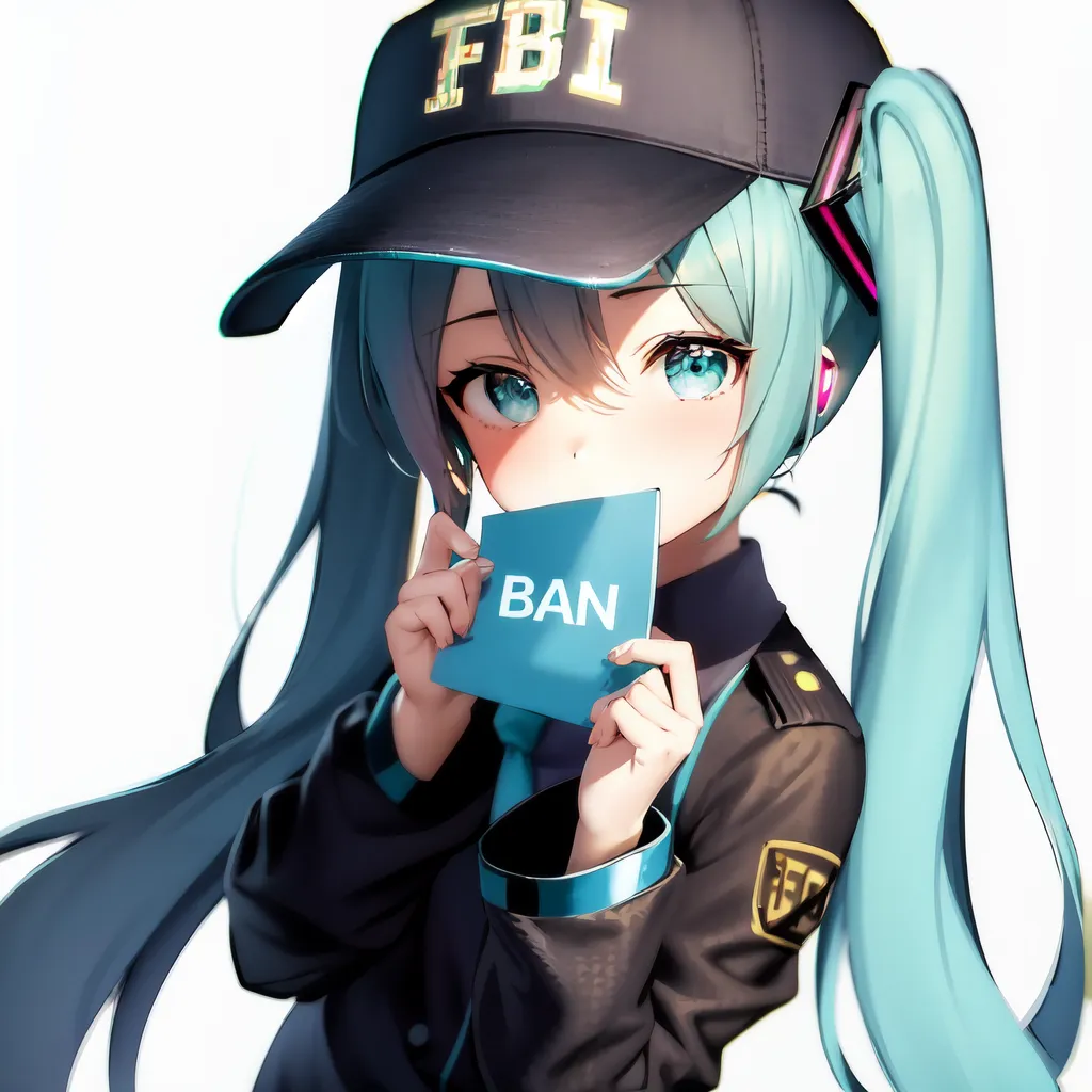 The image depicts a young woman with long green hair and blue eyes. She is wearing a black cap with the letters \