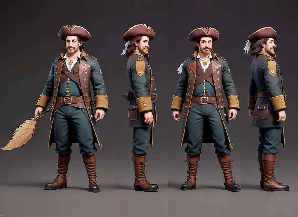 The image shows a 3D model of a male pirate. He is wearing a blue coat with gold epaulettes and brown leather boots. He also has a brown belt with a gold buckle and a sword hanging from it. He is wearing a black tricorn hat with a white feather in it. He has brown hair and blue eyes. He is standing in a relaxed pose with one hand on his hip and the other holding a quill.