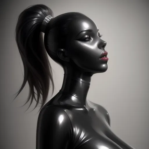 The image is a portrait of a woman with long black hair, dark skin, and red lips. She is wearing a black latex suit with a high collar and a ponytail. The suit is very tight and shiny, and it reflects the light in a way that makes her look like a statue. Her eyes are dark and mysterious, and her expression is one of calm confidence. The background is a light gray, which makes her stand out even more. The image is very realistic, and it seems like the woman is right there in front of you.