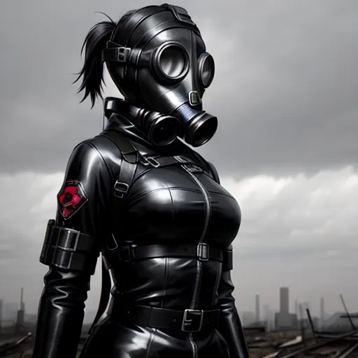 The image shows a young woman wearing a gas mask and a black leather outfit. She has long black hair and red eyes. The gas mask covers her mouth and nose, and there is a red symbol on her chest. She is standing in a post-apocalyptic landscape, with ruined buildings and a dark, cloudy sky in the background.