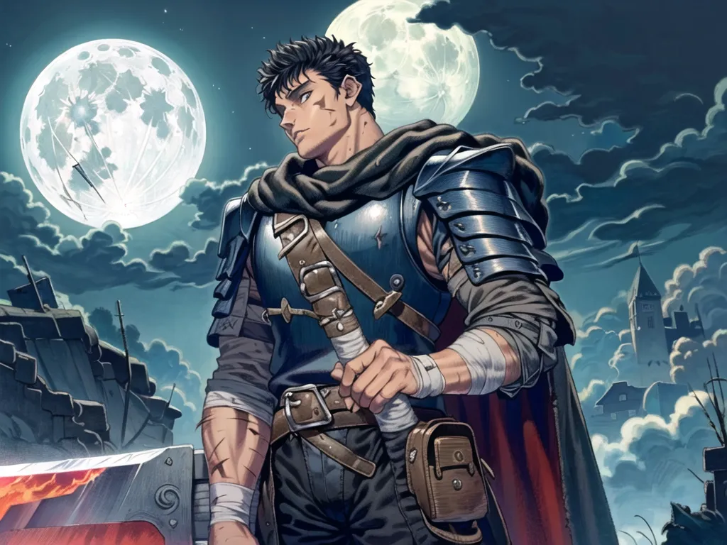 The image is of a man standing in a dark, ruined city. He is wearing a black and gray outfit and a red cape. He has a sword in his hand and is looking off to the side. There are two moons in the sky and a dark, cloudy sky. The man is Guts, the protagonist of the manga and anime series Berserk.