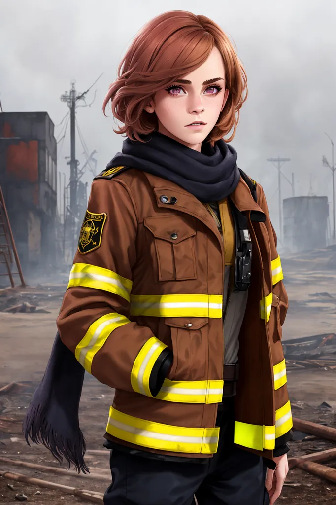 The image shows a young woman dressed in a firefighter's uniform. She is wearing a brown jacket with yellow reflective stripes, a black T-shirt, and a purple scarf around her neck. She has short brown hair and brown eyes. She is standing in a post-apocalyptic landscape, with ruined buildings and debris all around her. There is a large fire in the background. The woman is looking at the camera with a determined expression on her face.