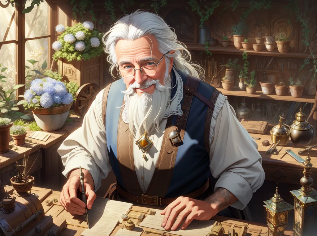 The image is of an old man with long white hair and a beard. He is wearing a blue vest and a white shirt. He is sitting at a desk in a cluttered room. There are shelves on the walls with various objects on them, including books, plants, and tools. The man is writing with a quill pen in a large book. He has a thoughtful expression on his face. The image is warm and inviting.