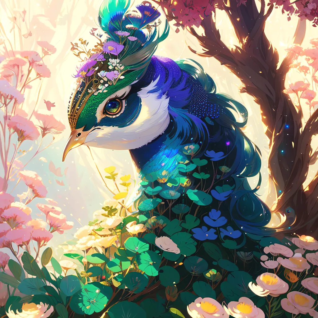 A beautiful peacock with vibrant blue and green feathers is perched on a branch in a lush forest. The peacock's tail feathers are spread out in a magnificent display, and its head is adorned with a crest of colorful flowers. The background of the image is a blur of green leaves and pink flowers. The peacock is looking at the viewer with its big, round eyes. The image is full of vibrant colors and has a dreamlike quality.