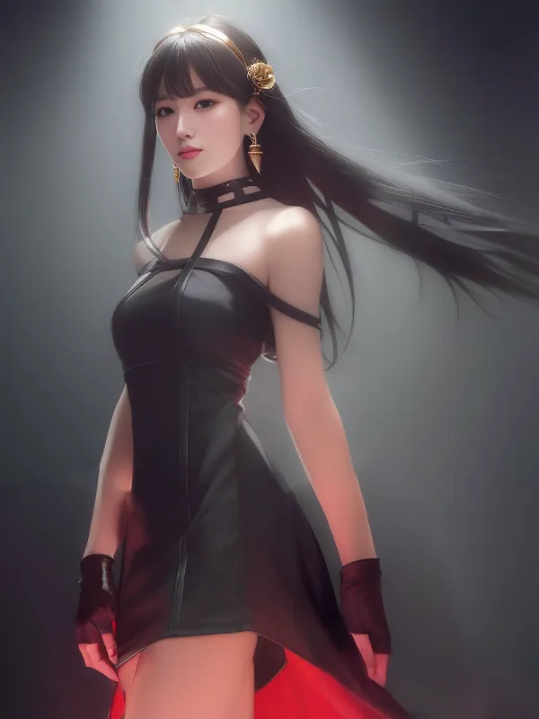 The image shows a young woman with long black hair and brown eyes. She is wearing a black dress with a high collar and a red sash. The dress is off the shoulders and has a fitted bodice. The woman is also wearing black gloves and a gold necklace with a red gem in the center. Her hair is styled in a ponytail with long, flowing bangs. The woman is standing in a confident pose with one hand on her hip and the other holding the edge of her dress. She has a serious expression on her face. The background is a dark, neutral color with a spotlight shining down on the woman.