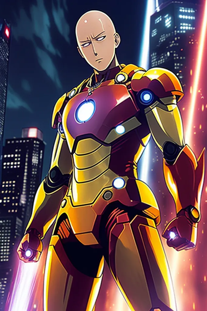 A imagem mostra Saitama da série de anime One Punch Man. Ele está usando um traje do Homem de Ferro amarelo e vermelho. O traje tem o reator arc no peito e a tecnologia de repulsor em suas mãos. O fundo é uma paisagem urbana à noite.